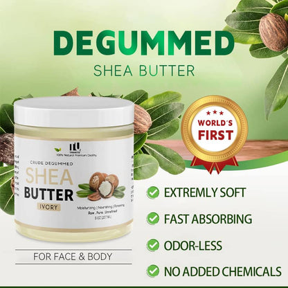 Shea butter container with green leaves and a 'World's First' badge on a light green background