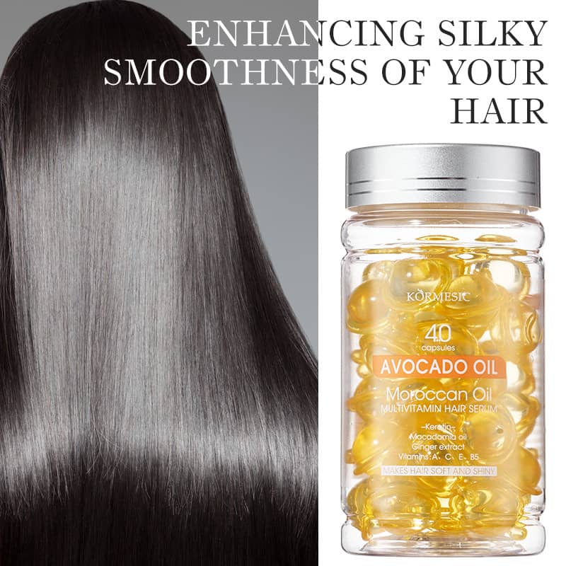 Hair serum bottle with text 'Enhancing Silky Smoothness of Your Hair' and a close-up of smooth hair.