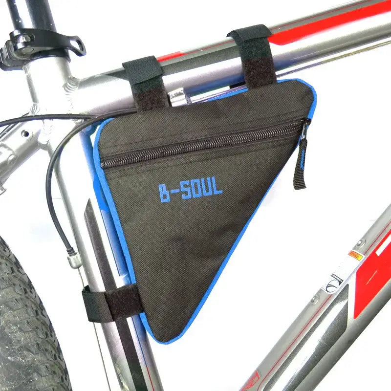Black B-SOUL triangle bike frame bag attached to a silver and red bicycle, premium outdoor gear