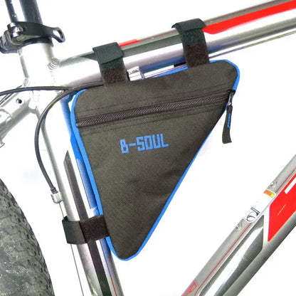 Black B-SOUL triangle bike frame bag attached to a silver and red bicycle, premium outdoor gear