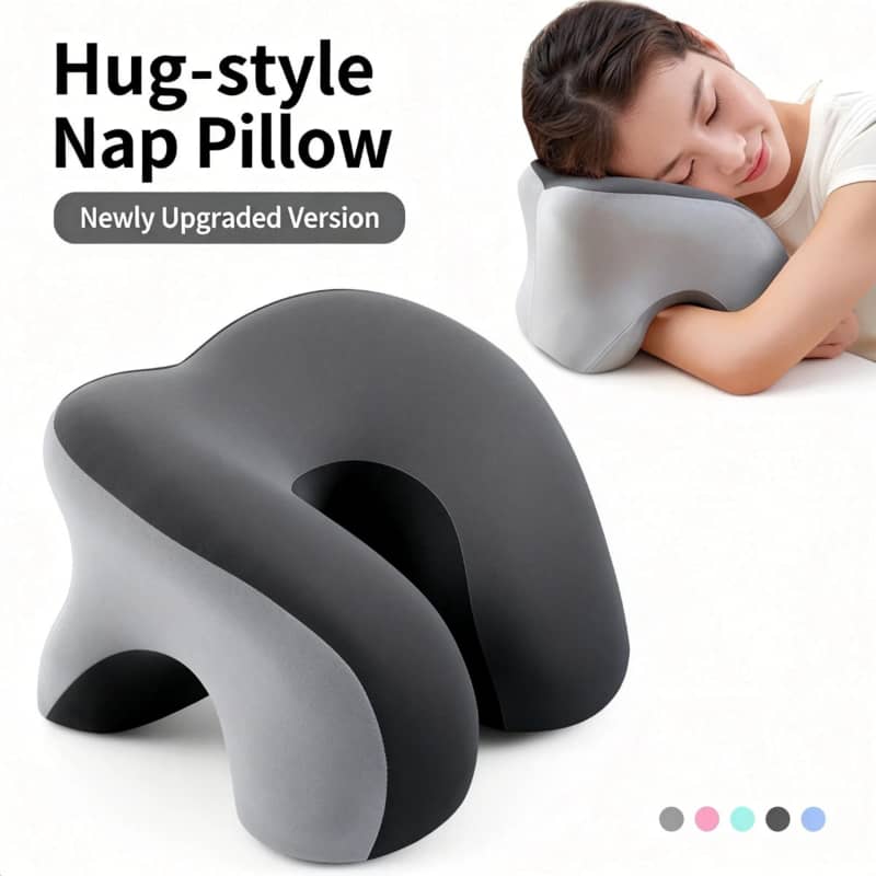 Hug-style nap pillow with a woman using it, on a white background