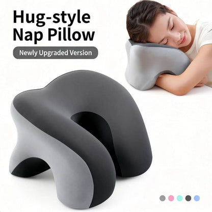 Hug-style nap pillow with a woman using it, on a white background