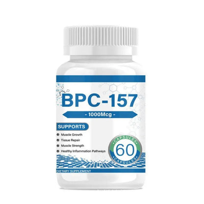 A white plastic bottle of BPC-157 dietary supplement capsules with a white ribbed cap. The label features blue text and graphics, including 'BPC-157', '1000Mcg', 'SUPPORTS', and a green circular badge indicating '60 CAPSULES'.