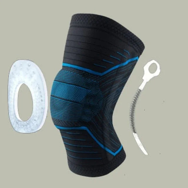 Black and blue compression knee brace with gel pad and spring support for joint protection