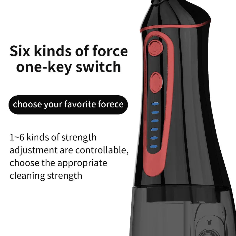 A close-up of a handheld beauty device in black and red, 'Six kinds of force one-key switch, choose your favorite forece,  strength adjustment.