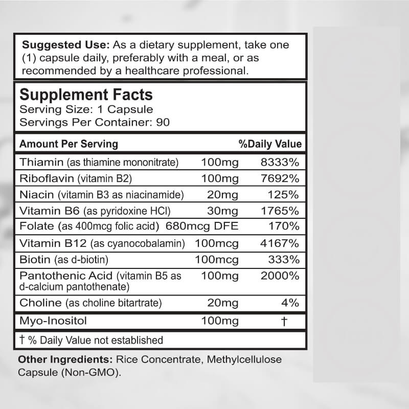 Supplement label with detailed nutritional information on a light gray background