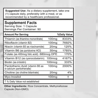 Supplement label with detailed nutritional information on a light gray background