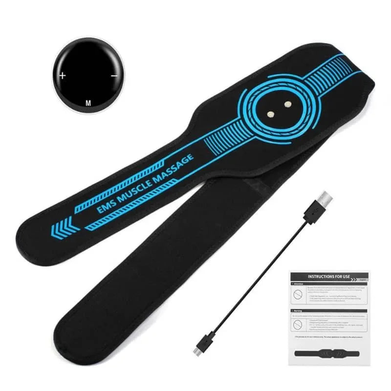 Black EMS muscle massage belt with blue text and USB cable on a white background