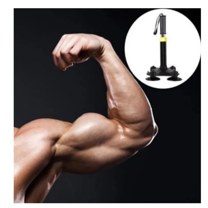 Muscular arm flexing with inset of a pump device on a black background