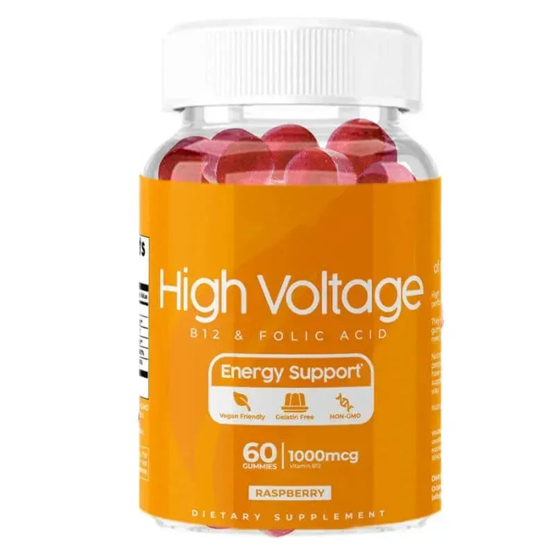 A bottle of High Voltage B12 & Folic Acid dietary supplement, Raspberry flavor, containing 60 pinkish-red capsules, shown on a plain white background.