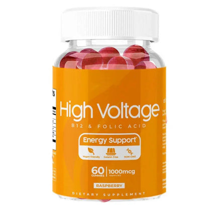 High Voltage B12 and folic acid raspberry gummies supplement bottle, energy support, 60 count