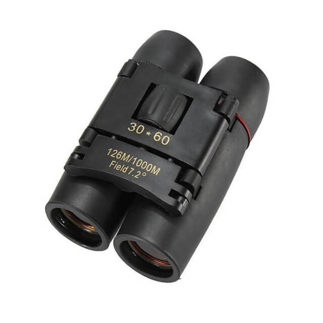 Black binoculars with specifications on a white background