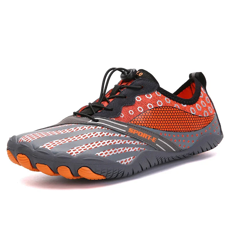 Lightweight orange and gray barefoot running shoe with mesh upper and flexible sole