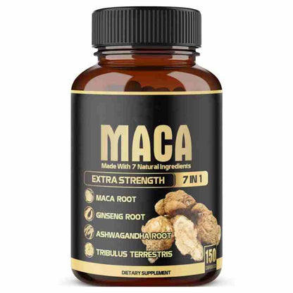 Maca extra strength supplement bottle with maca, ginseng, ashwagandha, tribulus label