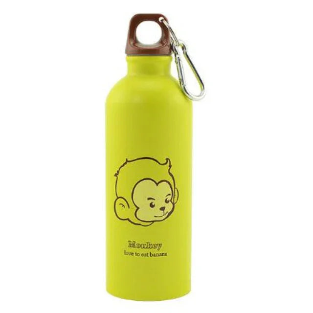 Yellow metal water bottle with monkey graphic and carabiner clip, fitness accessory