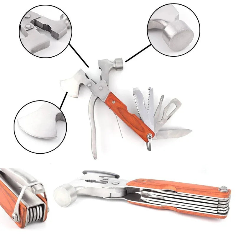Stainless steel and wood multi-tool with hammer, axe, pliers, knife, and camping tools