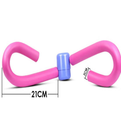 Pink and purple exercise tool with measurements on a white background
