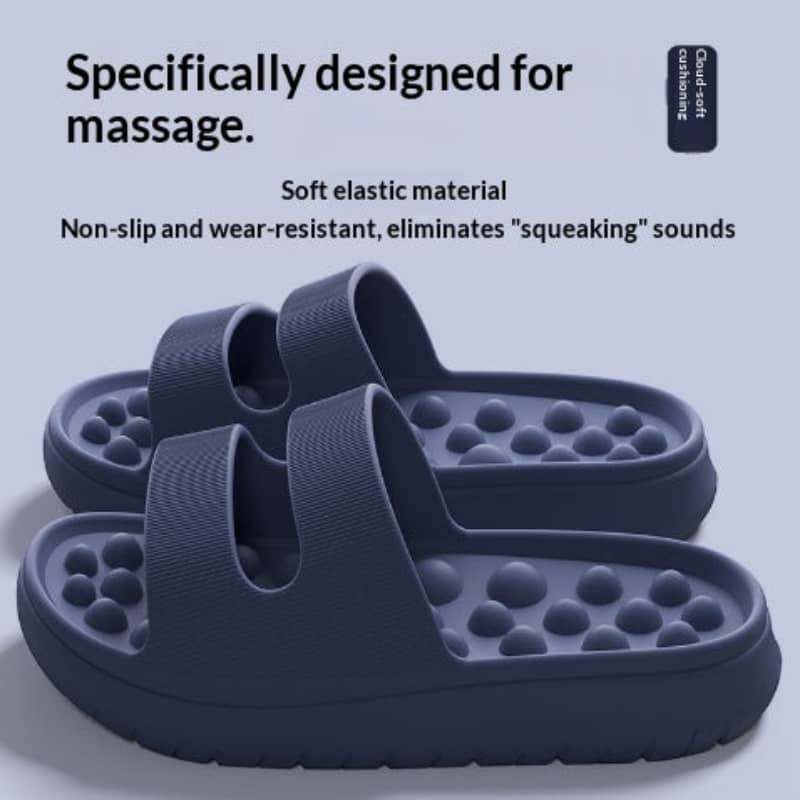 Blue massage sandals with text highlighting features on a light blue background