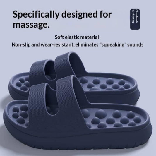 Blue massage sandals with text highlighting features on a light blue background
