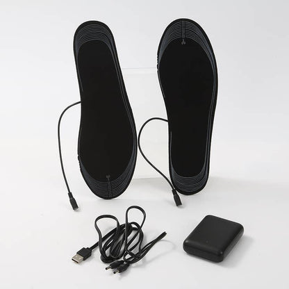 Heated insoles with USB charging cables and battery pack for outdoor fitness