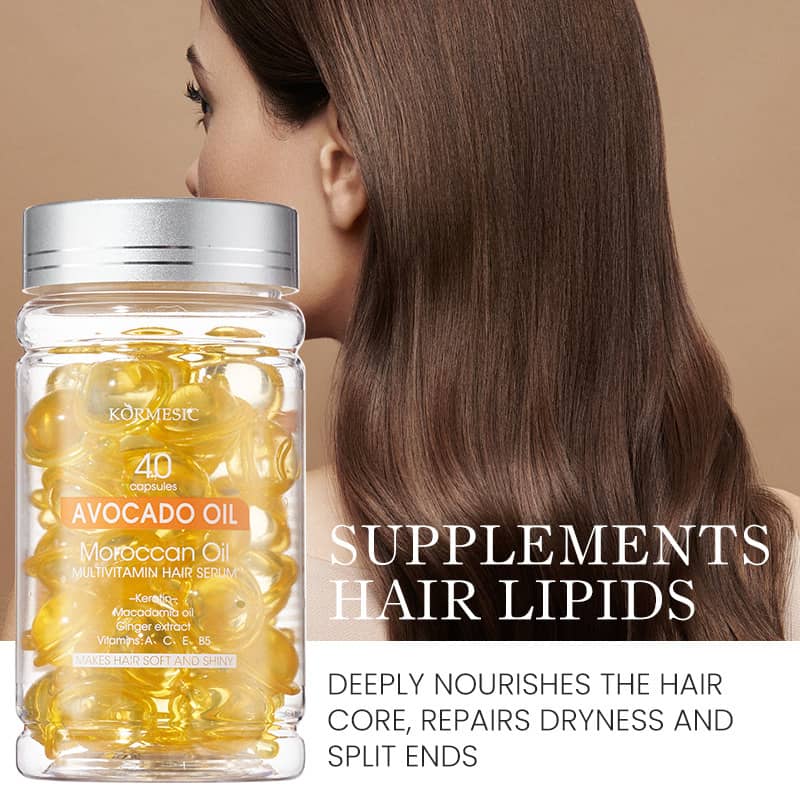 Supplement bottle with text about hair care on a beige background