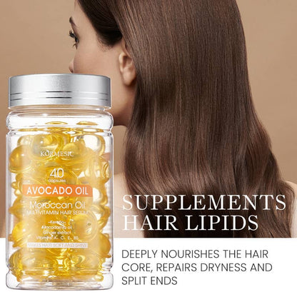 Supplement bottle with text about hair care on a beige background