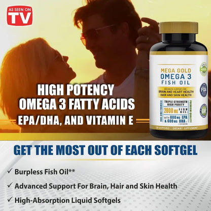 A bottle of Mega Gold Omega 3 Fish Oil dietary supplement shown on a promotional graphic with a couple in the background, large text about high potency omega 3 fatty acids, and marketing claims for brain, hair, and skin health.