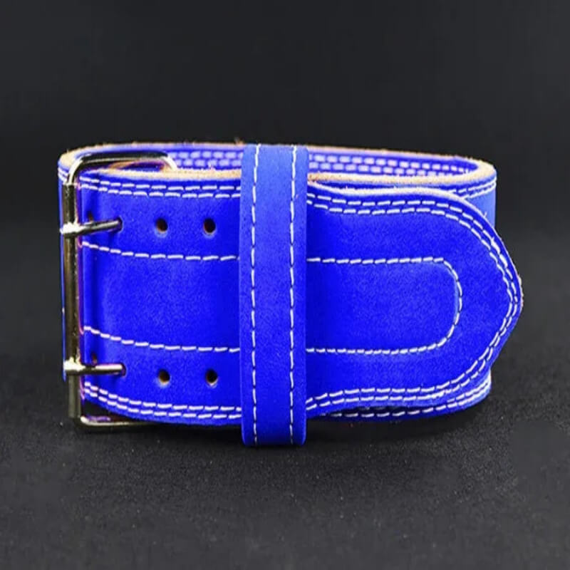 Blue suede weightlifting belt with white stitching and metal buckle, fitness accessory