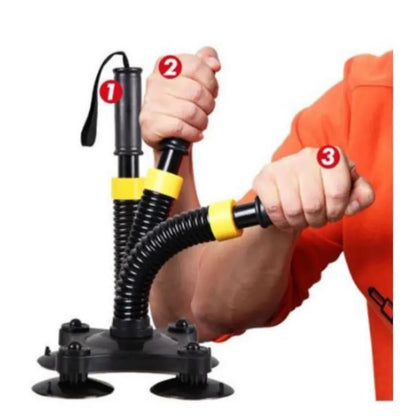 Hand using an arm exercise device with labeled parts on a white background