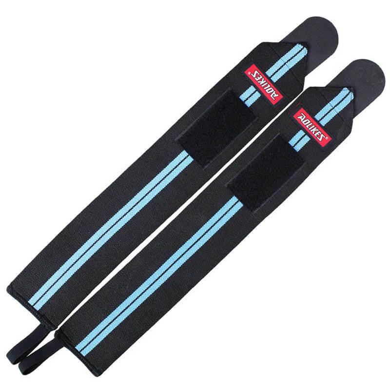 Black ankle support straps with blue stripes and visible brand logo on a white background