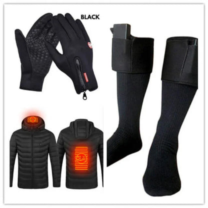 Black heated gloves, heated socks, and heated jackets for outdoor fitness and winter sports