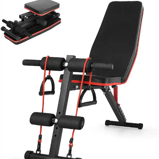 Black and red adjustable weight bench with attachments on a white background