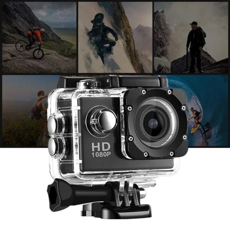 HD 1080P action camera in waterproof case, ideal for outdoor sports and adventure photography.