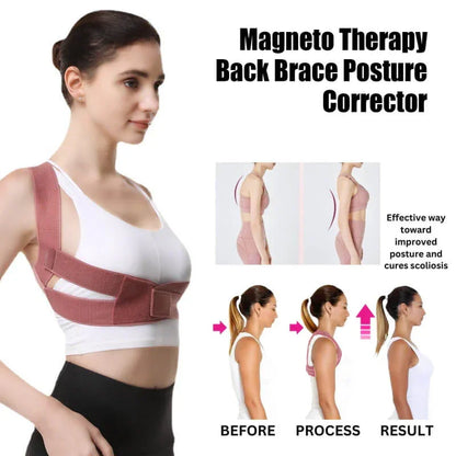 Woman wearing a back brace posture corrector, with before and after posture improvement illustrations.