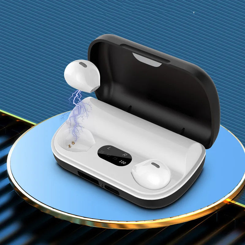 Wireless earbuds with charging case on a blue and black gradient background