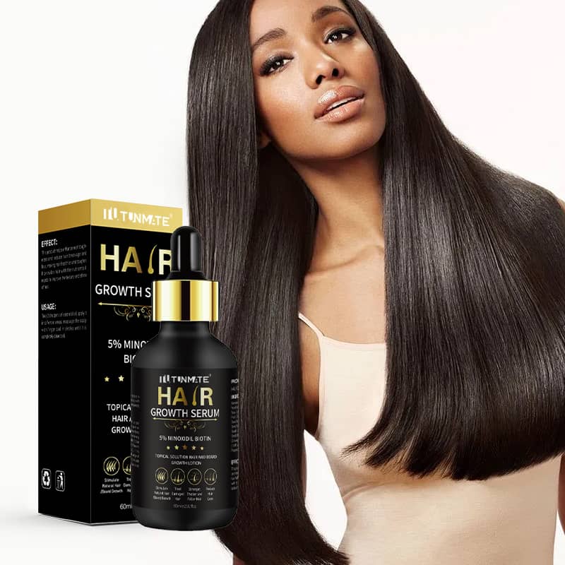 Woman with long hair next to Ultimate Hair Growth Serum and packaging on a white background