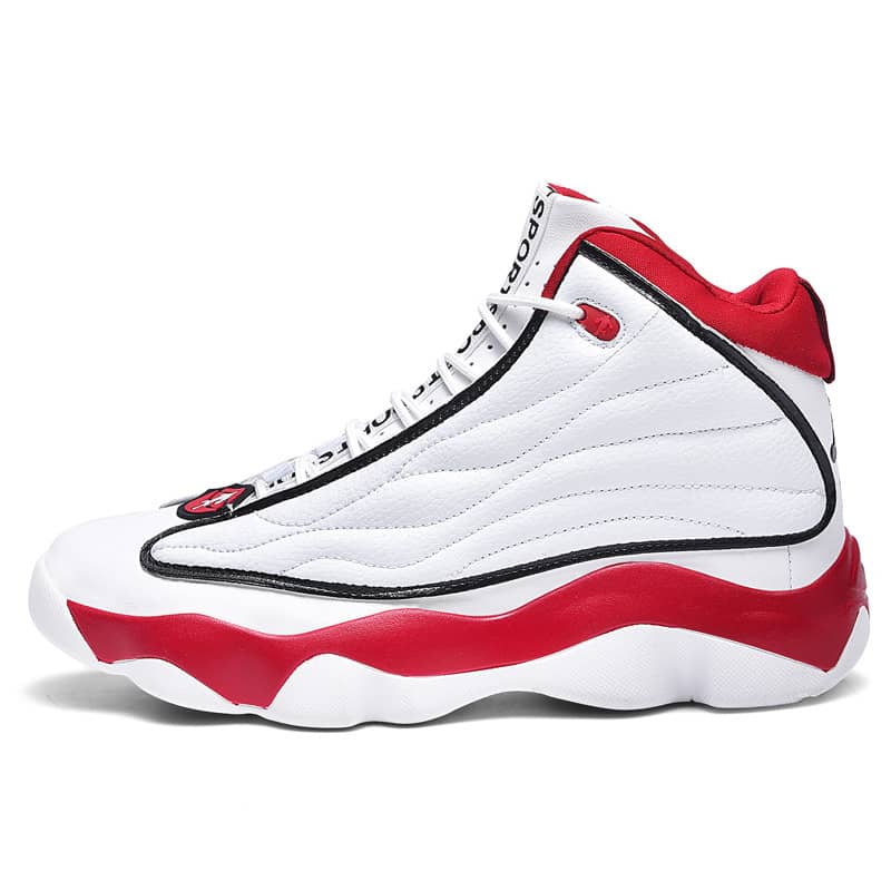 White and red sneaker with black accents on a white background