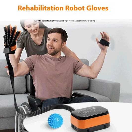 Man in wheelchair using robotic rehabilitation gloves for hand therapy, assisted by woman