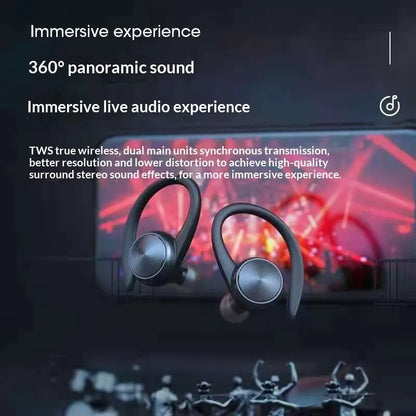TWS wireless earbuds shown floating in front of a dark, dramatic background with red light effects and promotional text about immersive sound and true wireless dual main unit transmission.