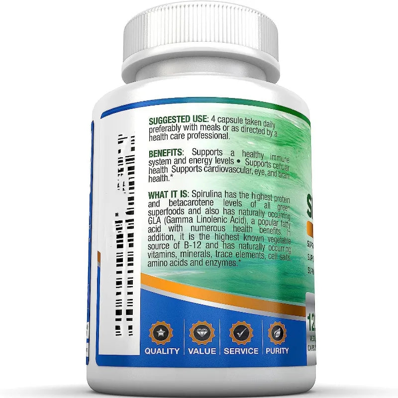 A white plastic supplement bottle with a ribbed white cap, showing the back label with text, a barcode, and blue, green, and orange design elements on a white background.