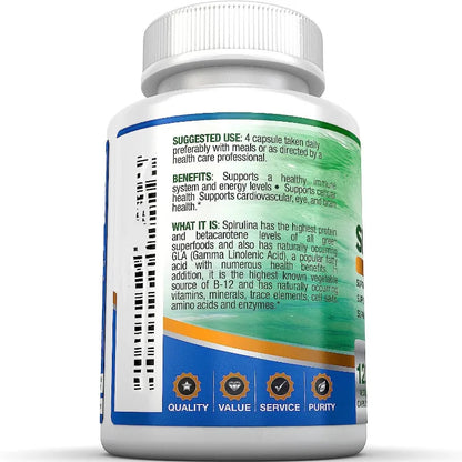 A white plastic supplement bottle with a ribbed white cap, showing the back label with text, a barcode, and blue, green, and orange design elements on a white background.