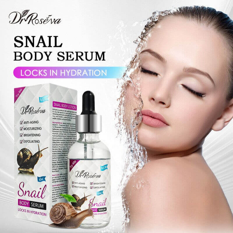Dr. Roseva Snail Body Serum with packaging and a woman's face with water droplets.