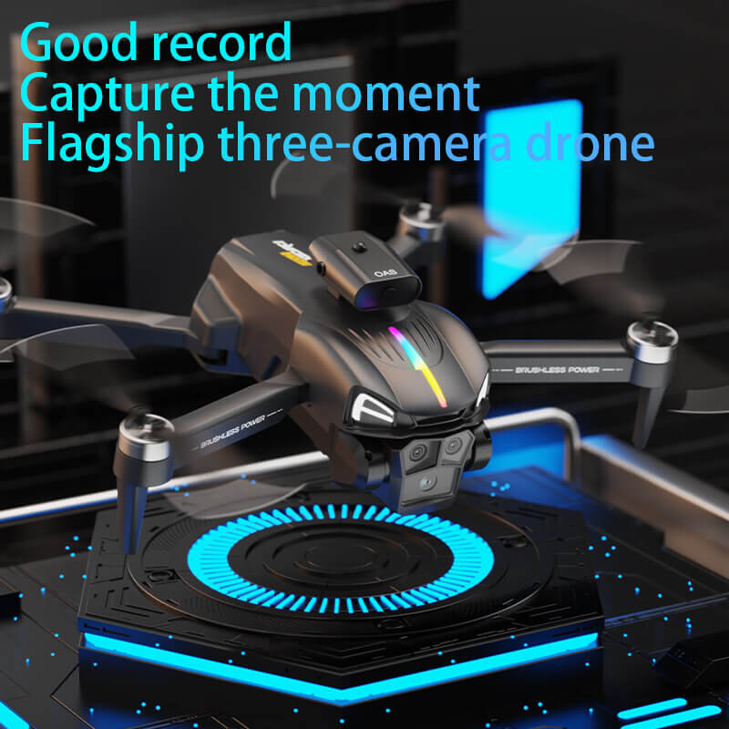Three-camera drone with blue accents on a dark background, featuring text about capturing moments.