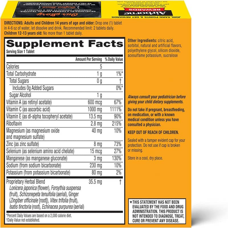 Supplement facts label with vitamin, mineral, and herbal blend ingredients on orange box.