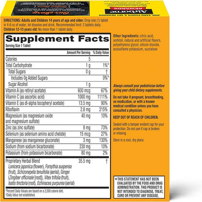 Supplement facts label with vitamin, mineral, and herbal blend ingredients on orange box.