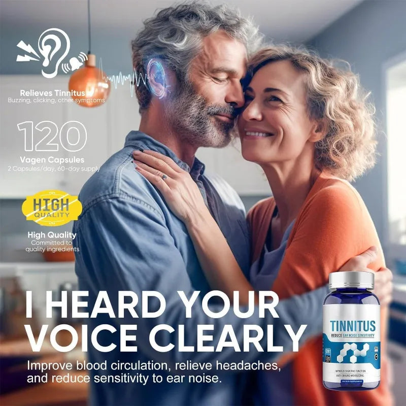 A promotional graphic for Tinnitus supplements showing a smiling couple embracing in a home setting, with text overlays about hearing improvement and a bottle of Tinnitus Vagen Capsules in the lower right corner.