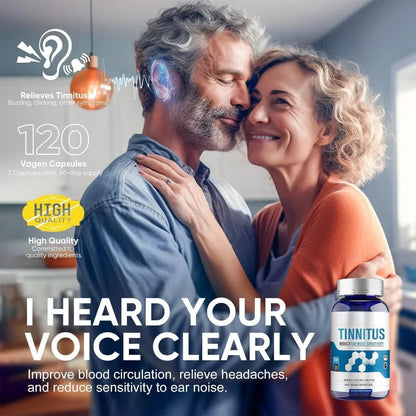 A promotional graphic for Tinnitus supplements showing a smiling couple embracing in a home setting, with text overlays about hearing improvement and a bottle of Tinnitus Vagen Capsules in the lower right corner.