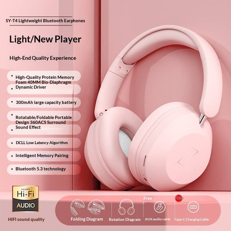 Pink Bluetooth headphones with feature list on a pink background