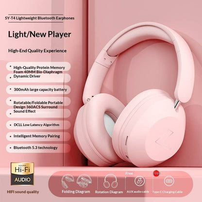 Pink Bluetooth headphones with feature list on a pink background