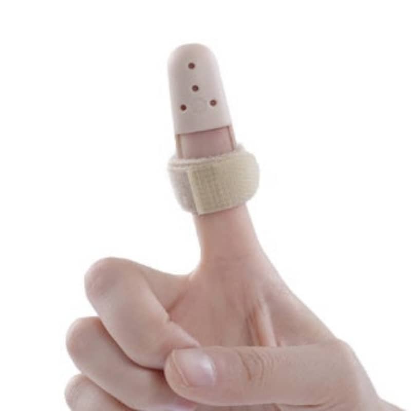 Finger with a protective sleeve on a white background